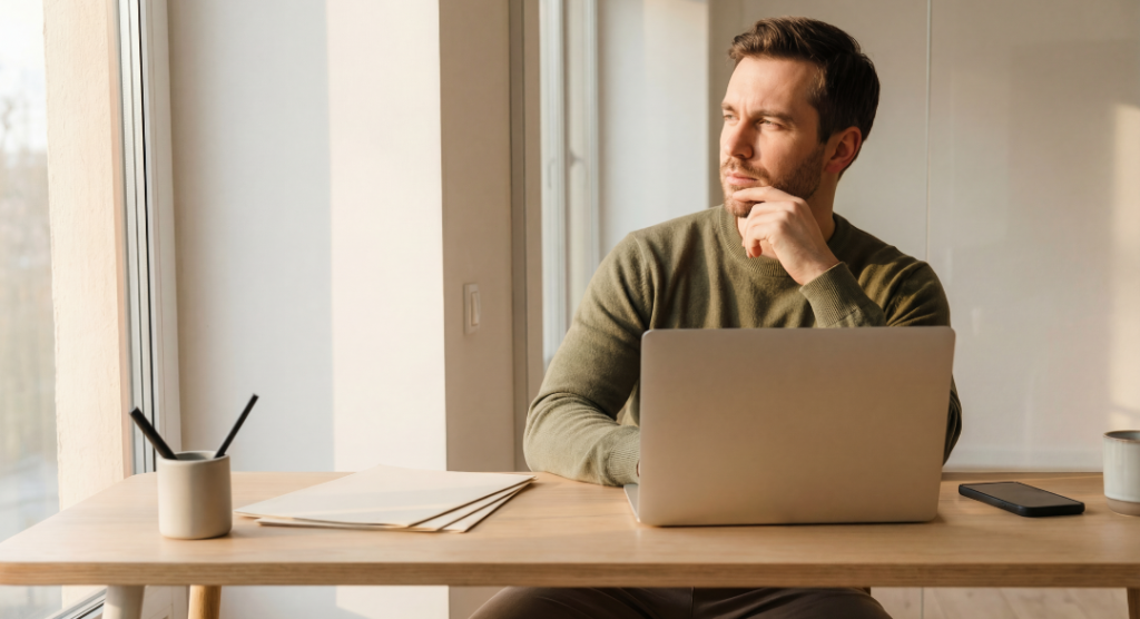 Therapist reflecting on the role of AI in mental health care at a behavioral health practice